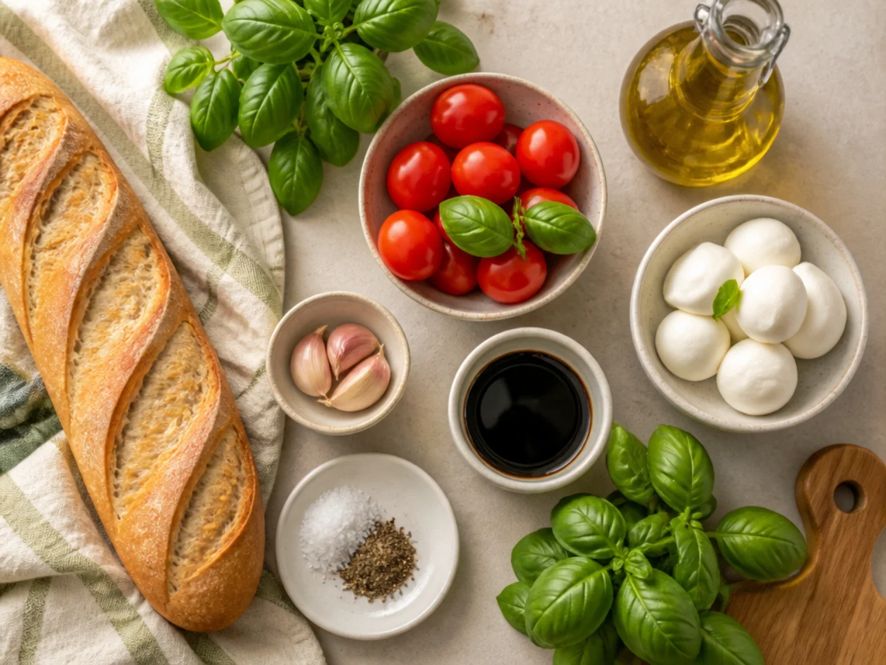 Fresh ingredients for bruschetta arranged in bowls