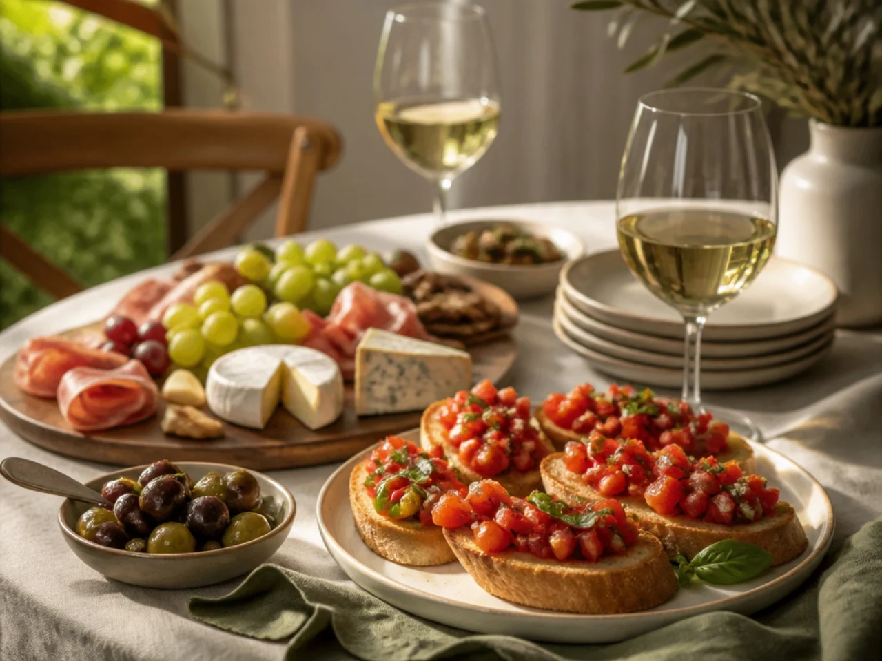 bruschetta served with a cheese board, marinated olives, antipasto and chilled white wine