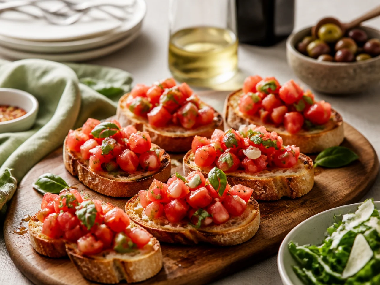 bruschetta served family-style on a cozy table