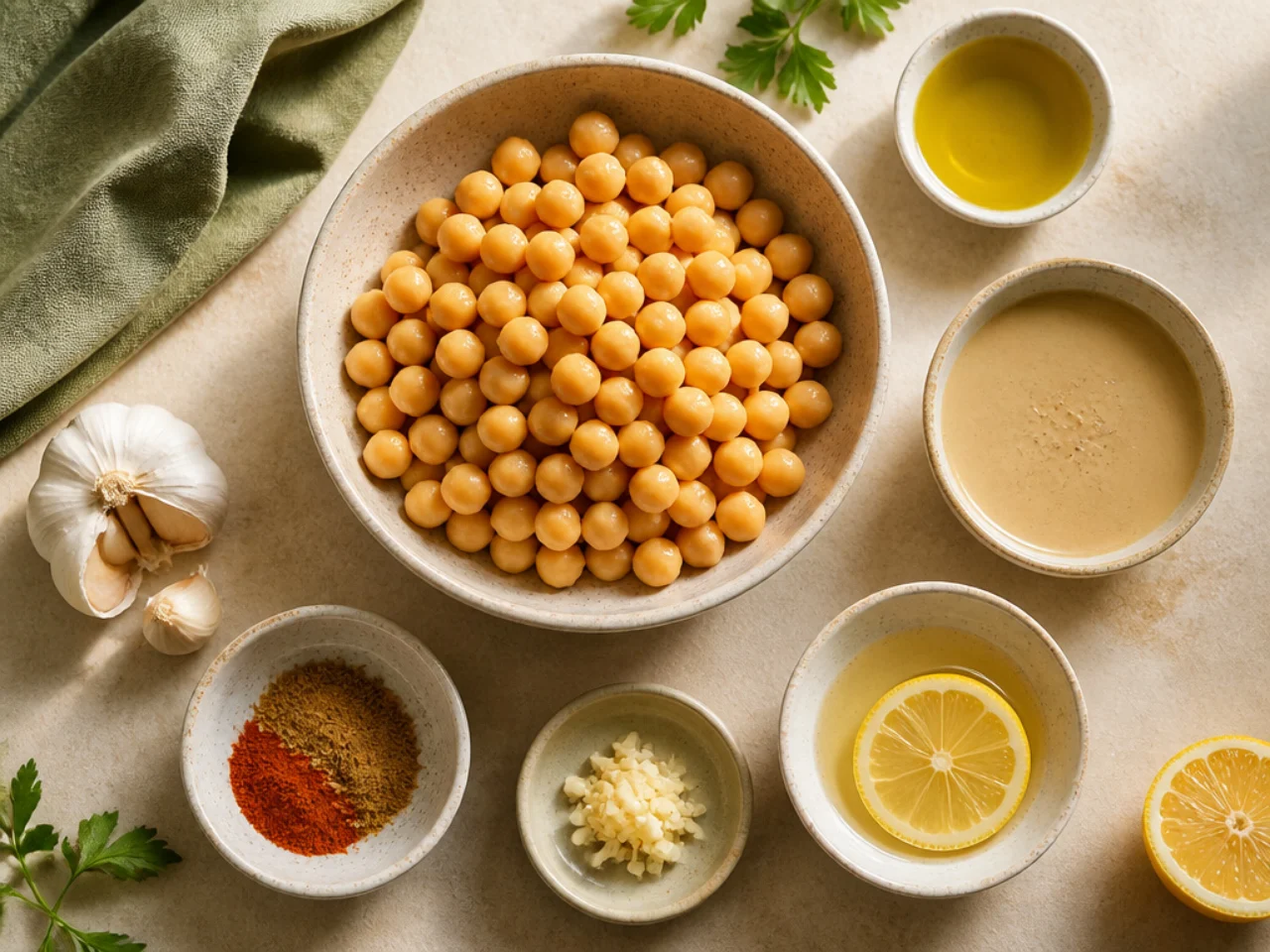 Fresh ingredients for hummus arranged in bowls