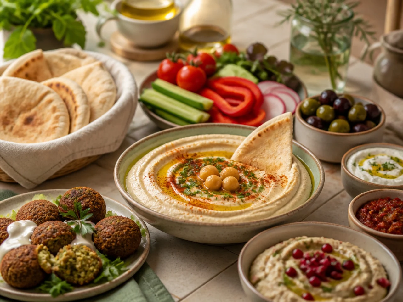 hummus served with warm pita, crunchy vegetables, falafel and a mezze platter