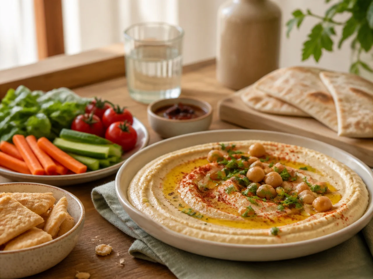 hummus served family-style on a cozy table