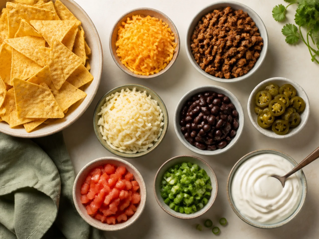 Fresh ingredients for nachos arranged in bowls