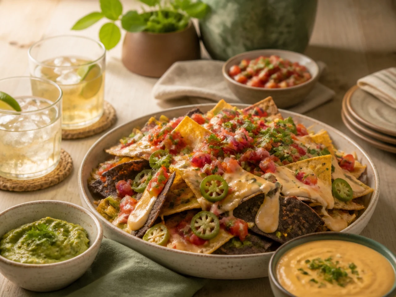 nachos served with fresh salsa, warm queso, guacamole and ice-cold drinks