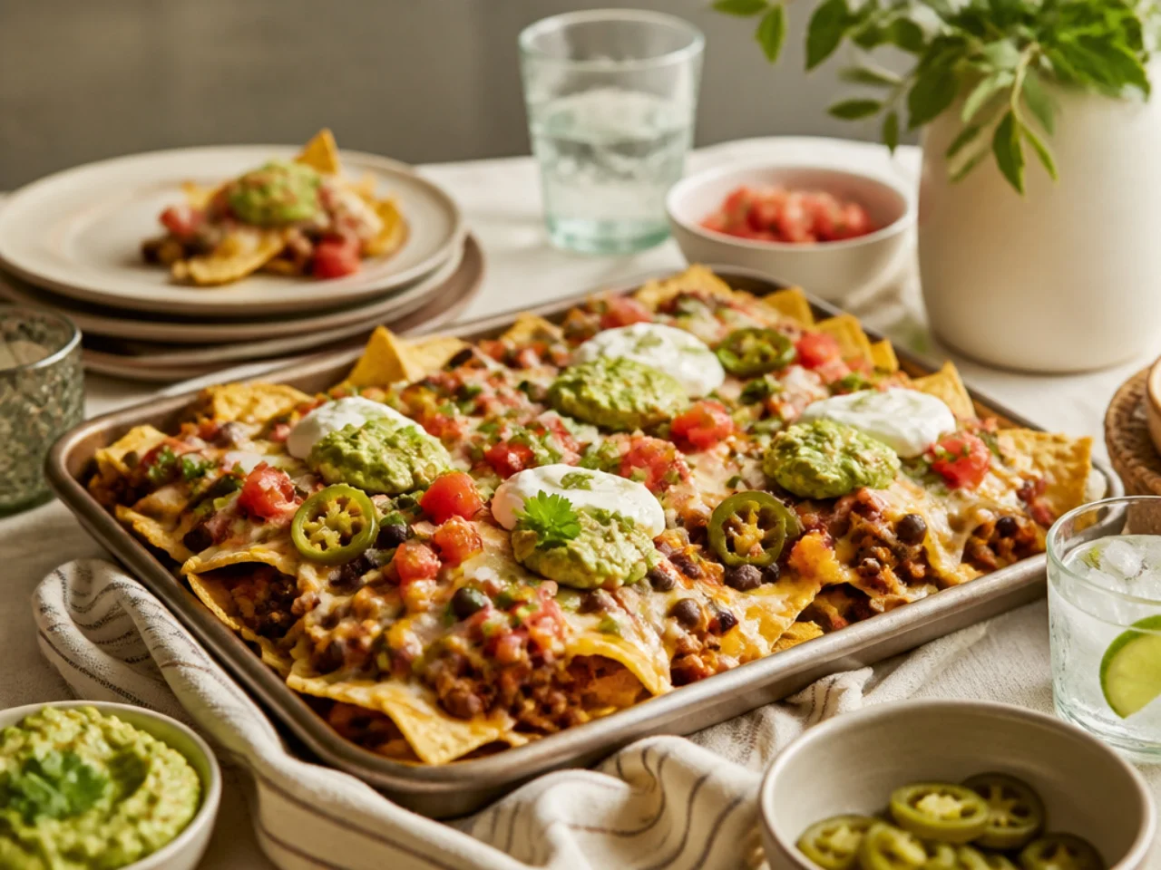 nachos served family-style on a cozy table