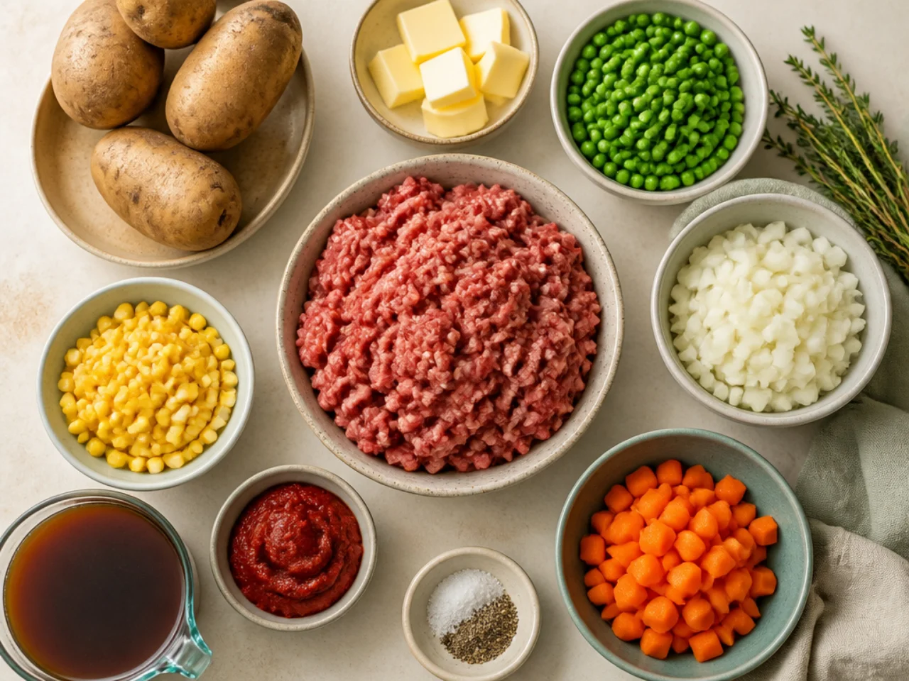 Fresh ingredients for shepherd's pie arranged in bowls