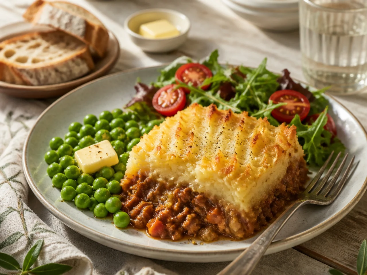 shepherd's pie served with crusty bread, buttered peas and a simple side salad