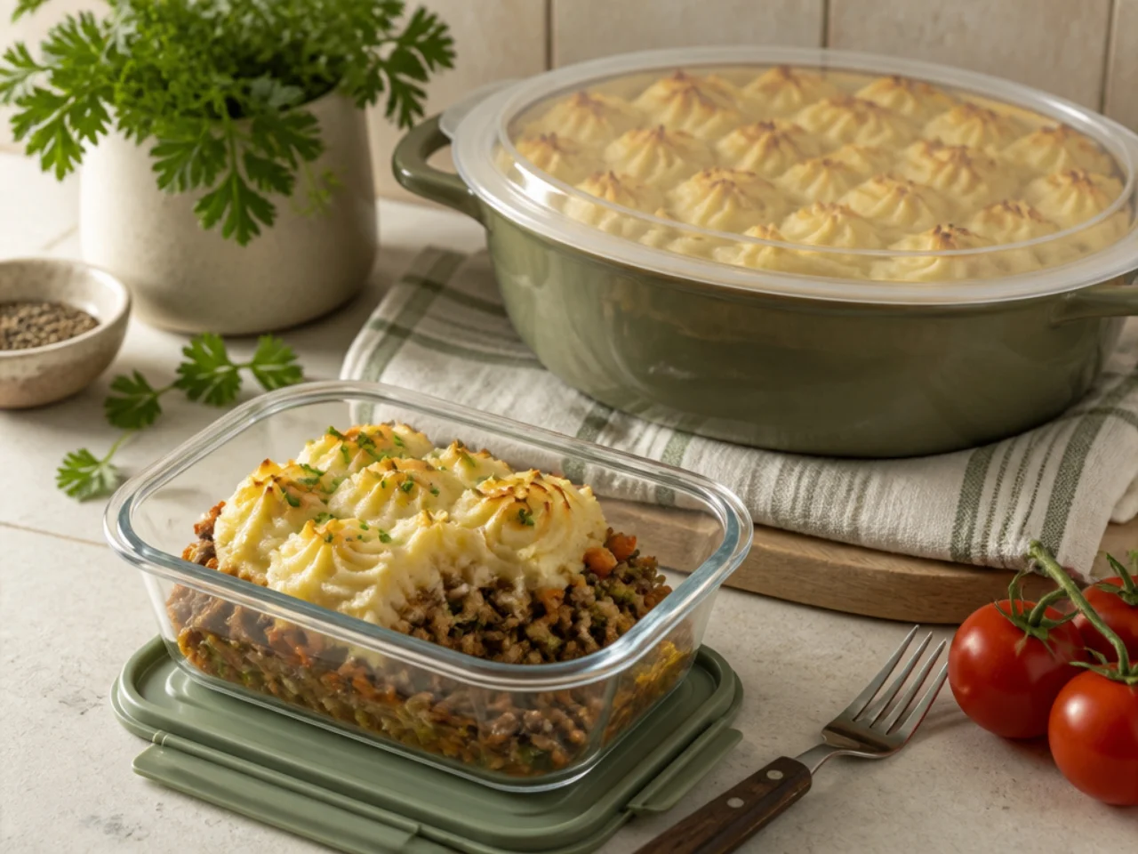 Make-ahead storage of shepherd's pie in containers