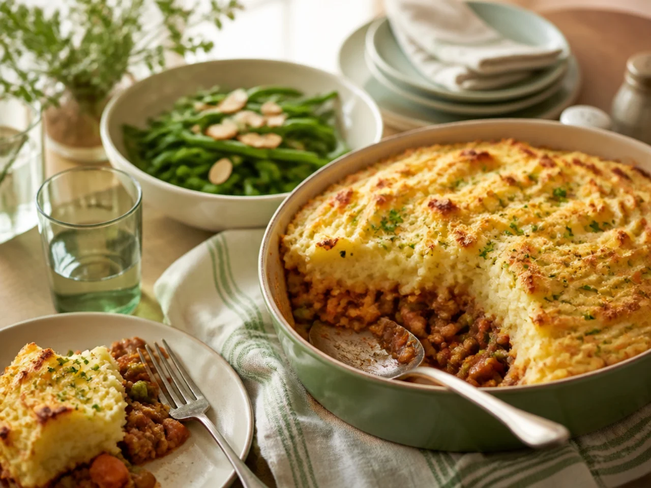 shepherd's pie served family-style on a cozy table