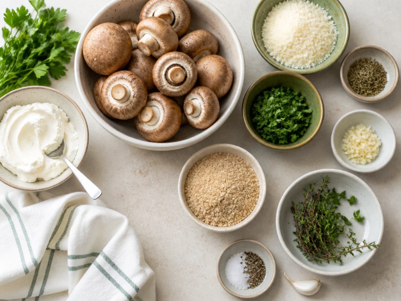 Fresh ingredients for stuffed mushrooms arranged in bowls