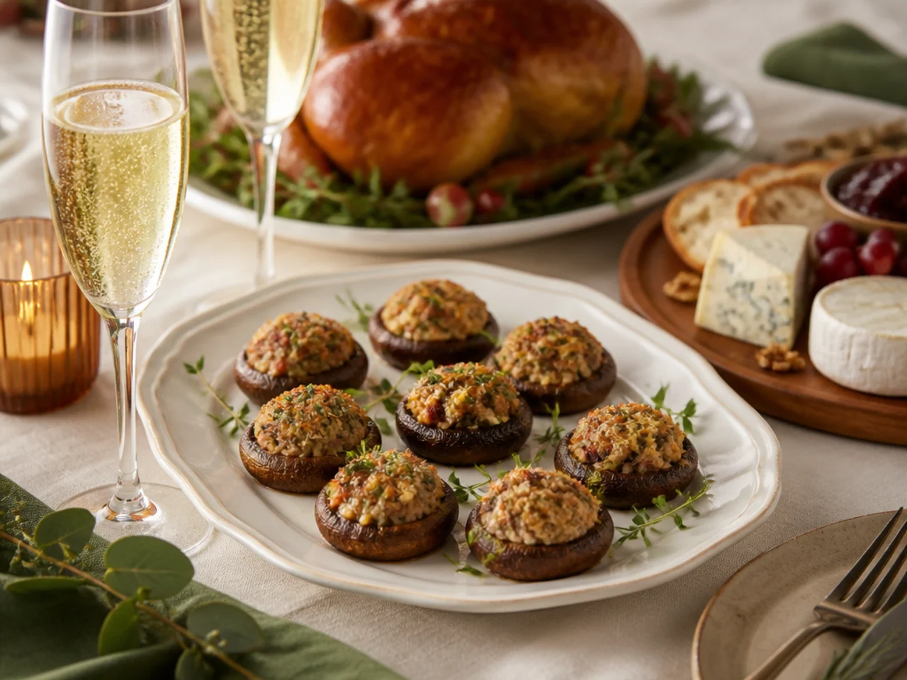 stuffed mushrooms served with a holiday roast, a cheese board and sparkling wine