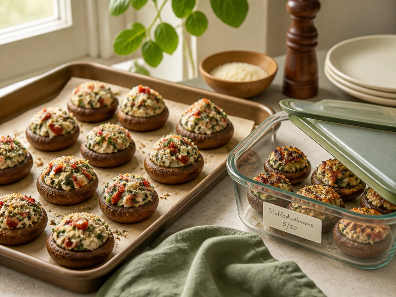 Make-ahead storage of stuffed mushrooms in containers