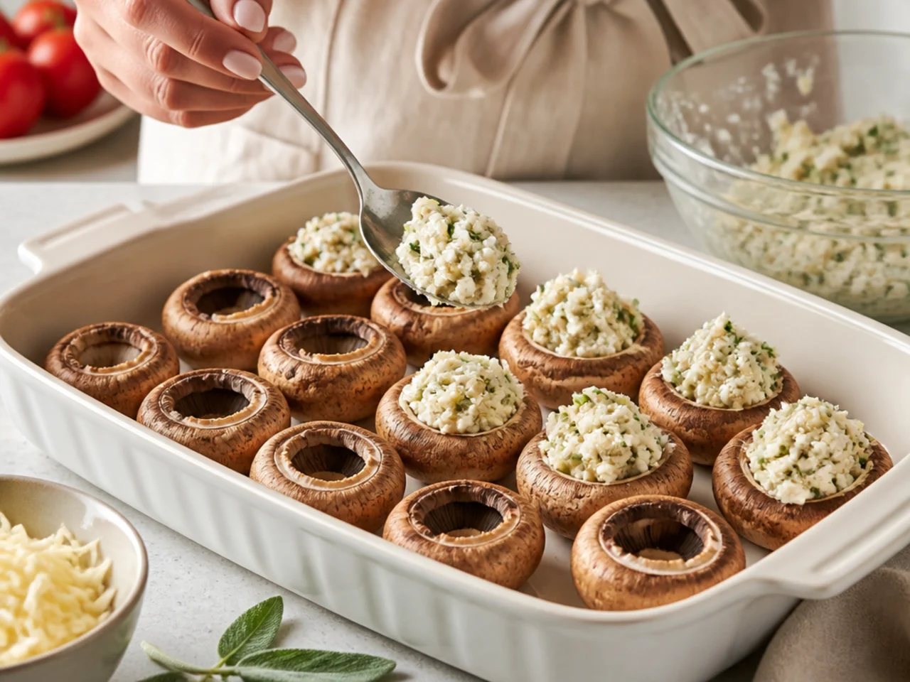 Step-by-step process shot for stuffed mushrooms
