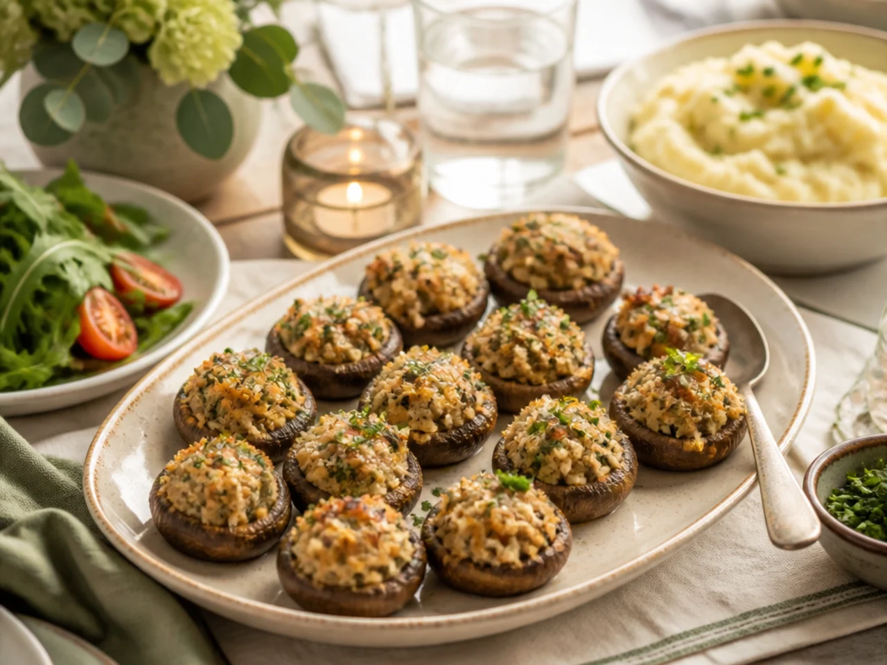 stuffed mushrooms served family-style on a cozy table