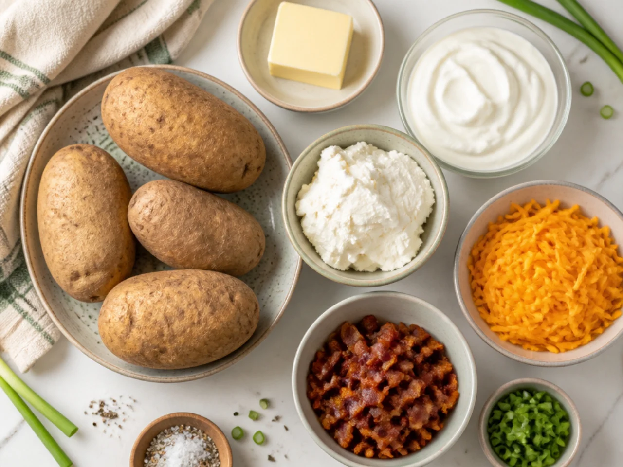 Fresh ingredients for twice baked potatoes arranged in bowls