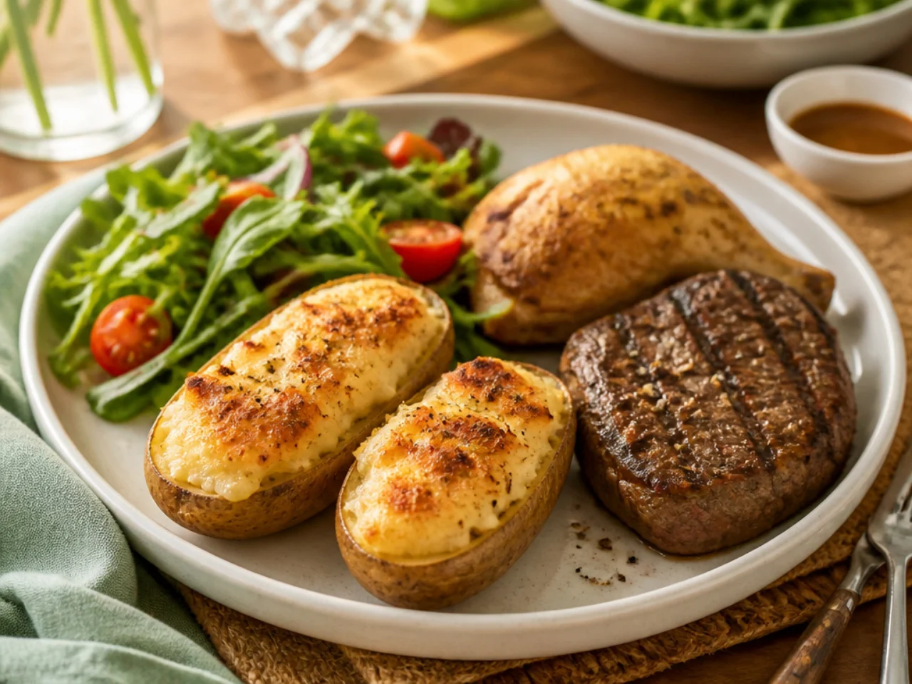 twice baked potatoes served with juicy roast chicken, grilled steak and a crisp green salad