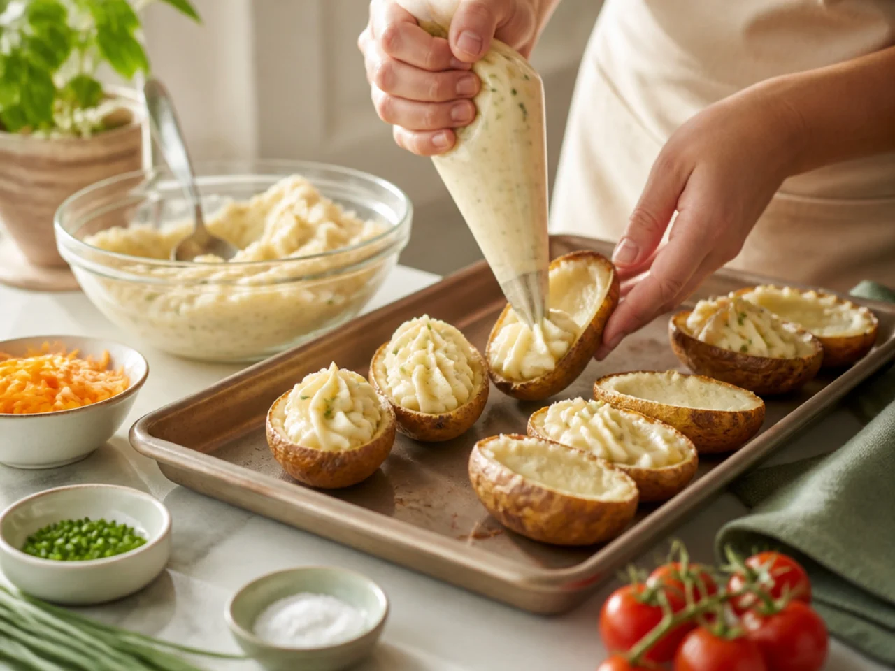 Step-by-step process shot for twice baked potatoes