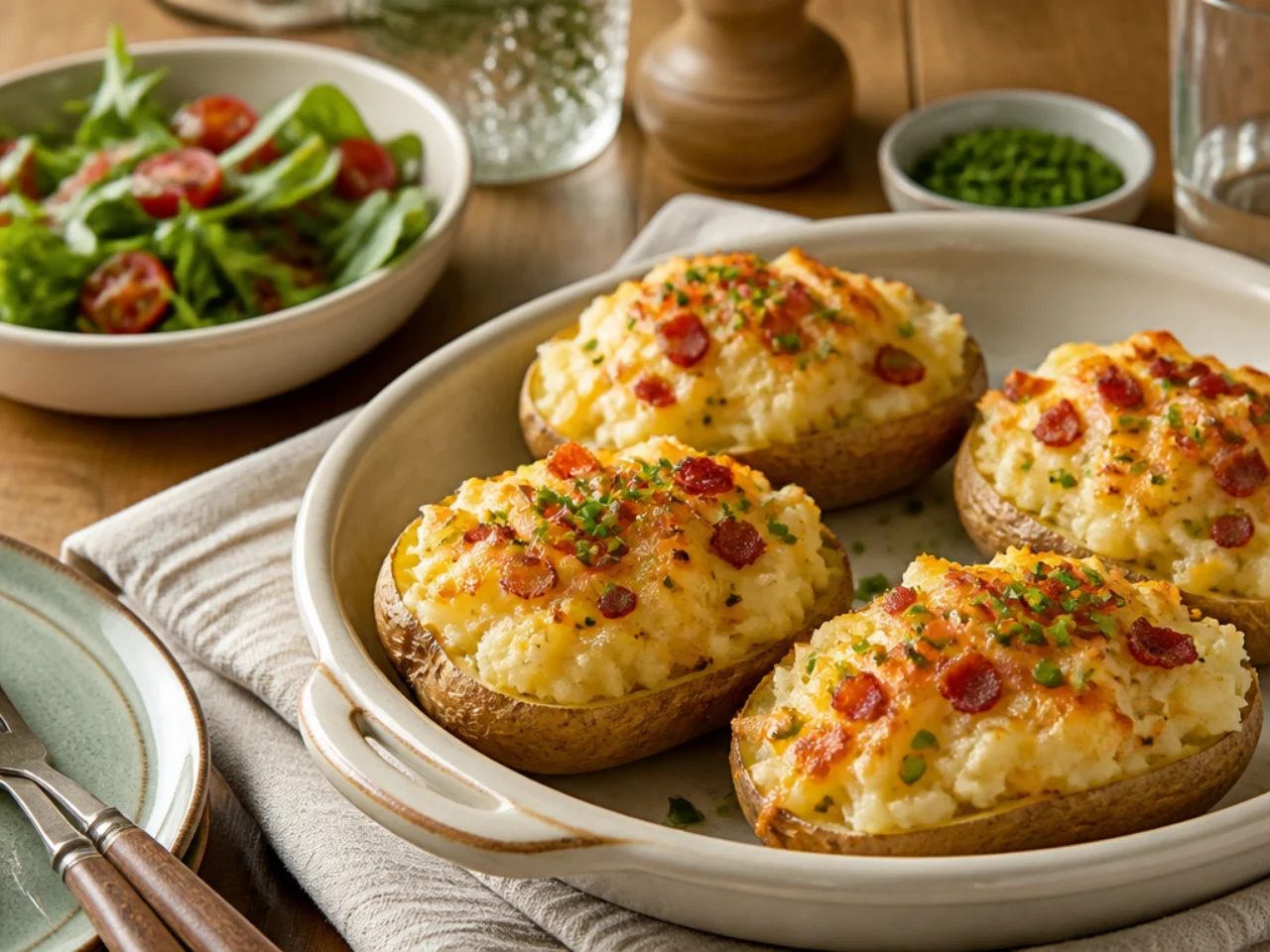 twice baked potatoes served family-style on a cozy table