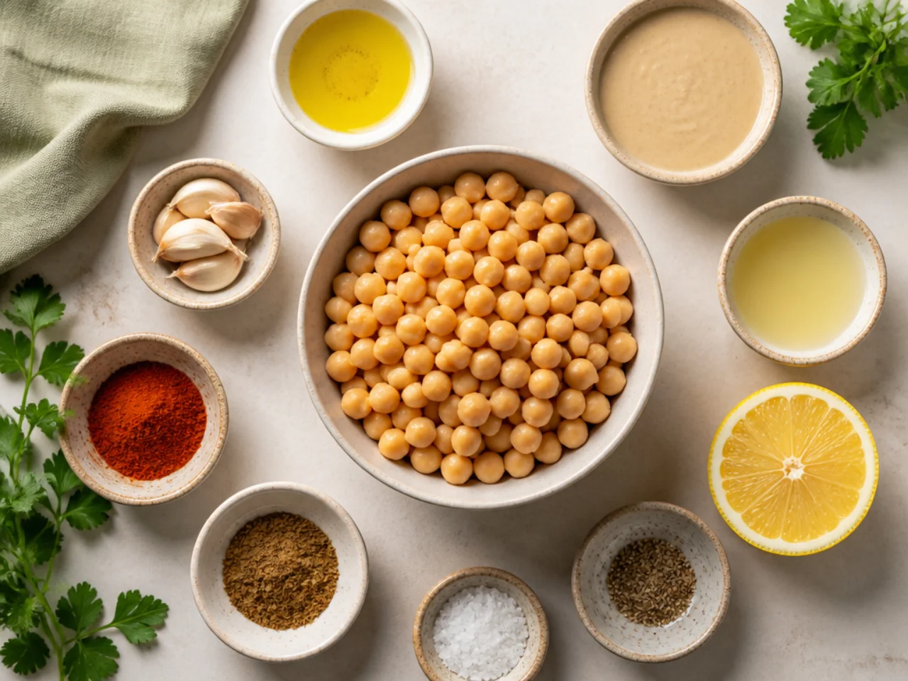 Fresh ingredients for hummus arranged in bowls