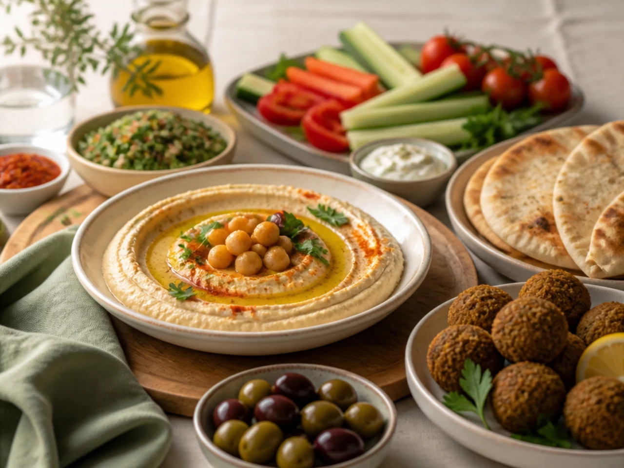 hummus served with warm pita, crunchy vegetables, falafel and a mezze platter