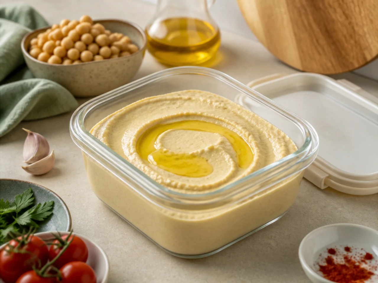 Make-ahead storage of hummus in containers