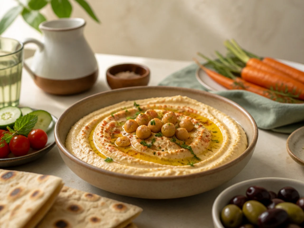 hummus served family-style on a cozy table