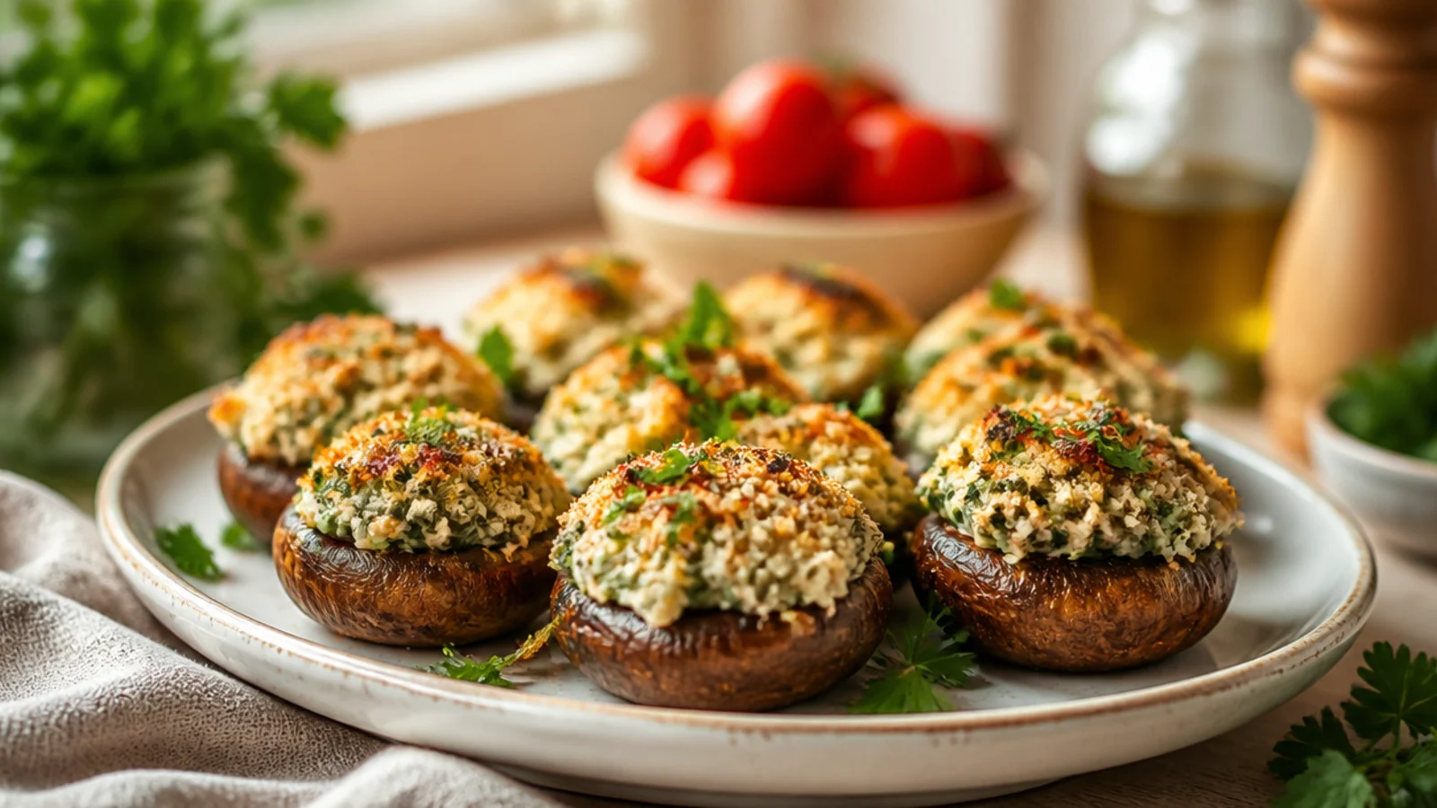 Boursin Stuffed Mushrooms to Wow Guests — stuffed mushrooms plated and ready to serve