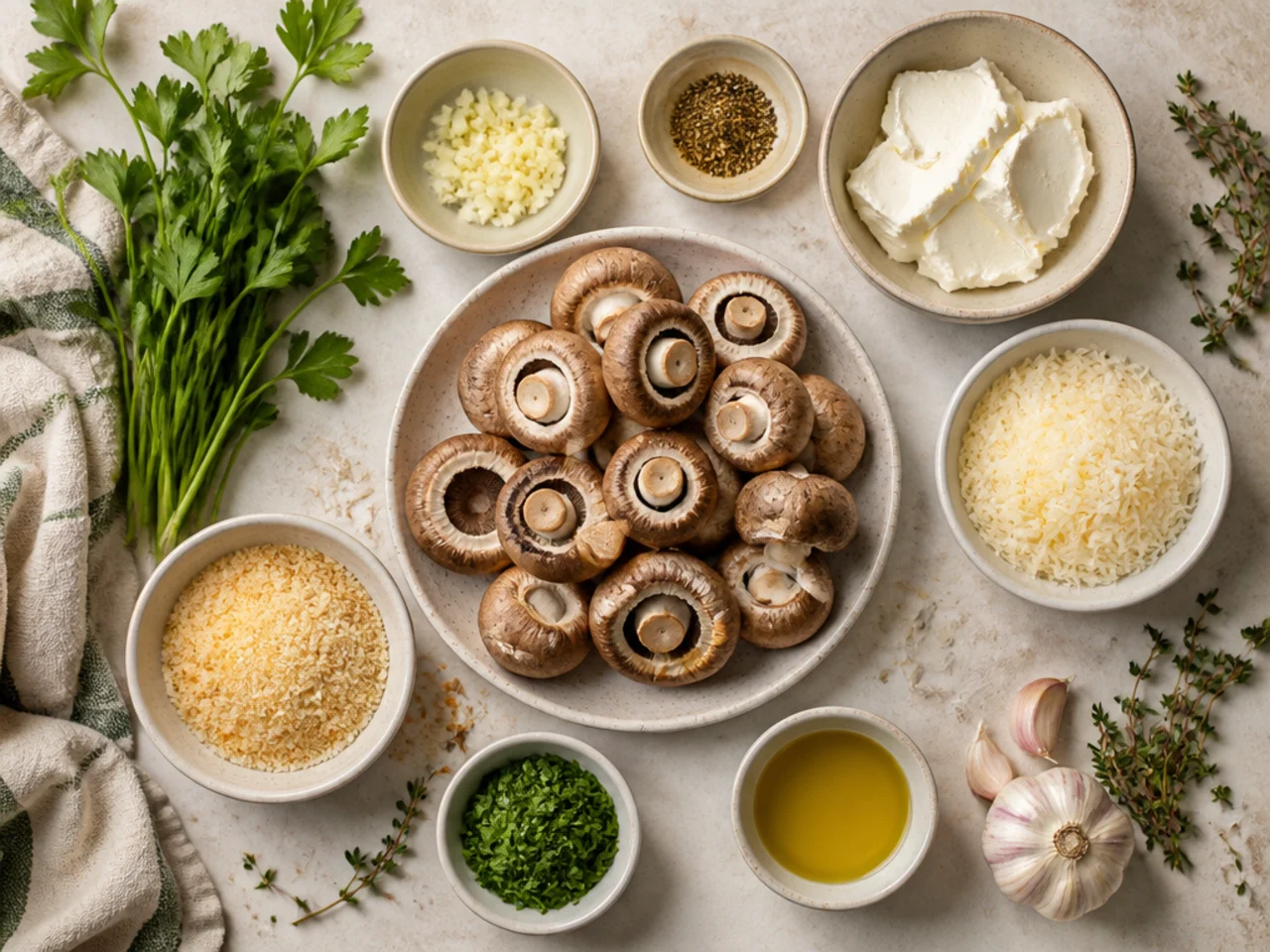 Fresh ingredients for stuffed mushrooms arranged in bowls