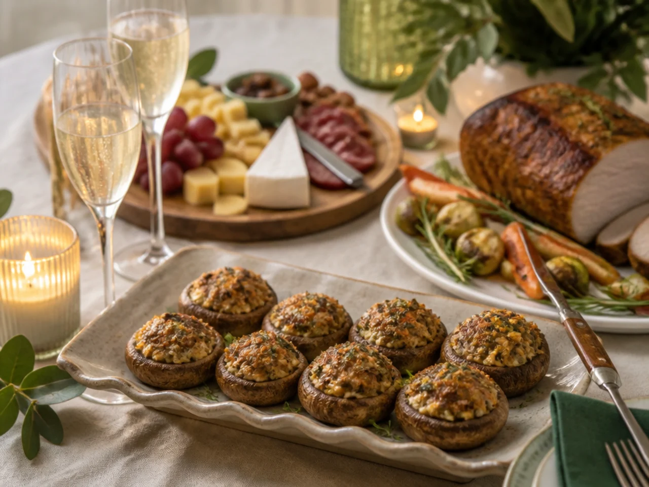 stuffed mushrooms served with a holiday roast, a cheese board and sparkling wine