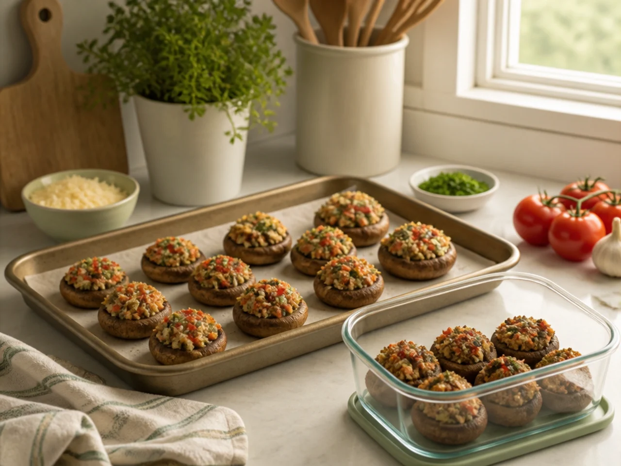 Make-ahead storage of stuffed mushrooms in containers