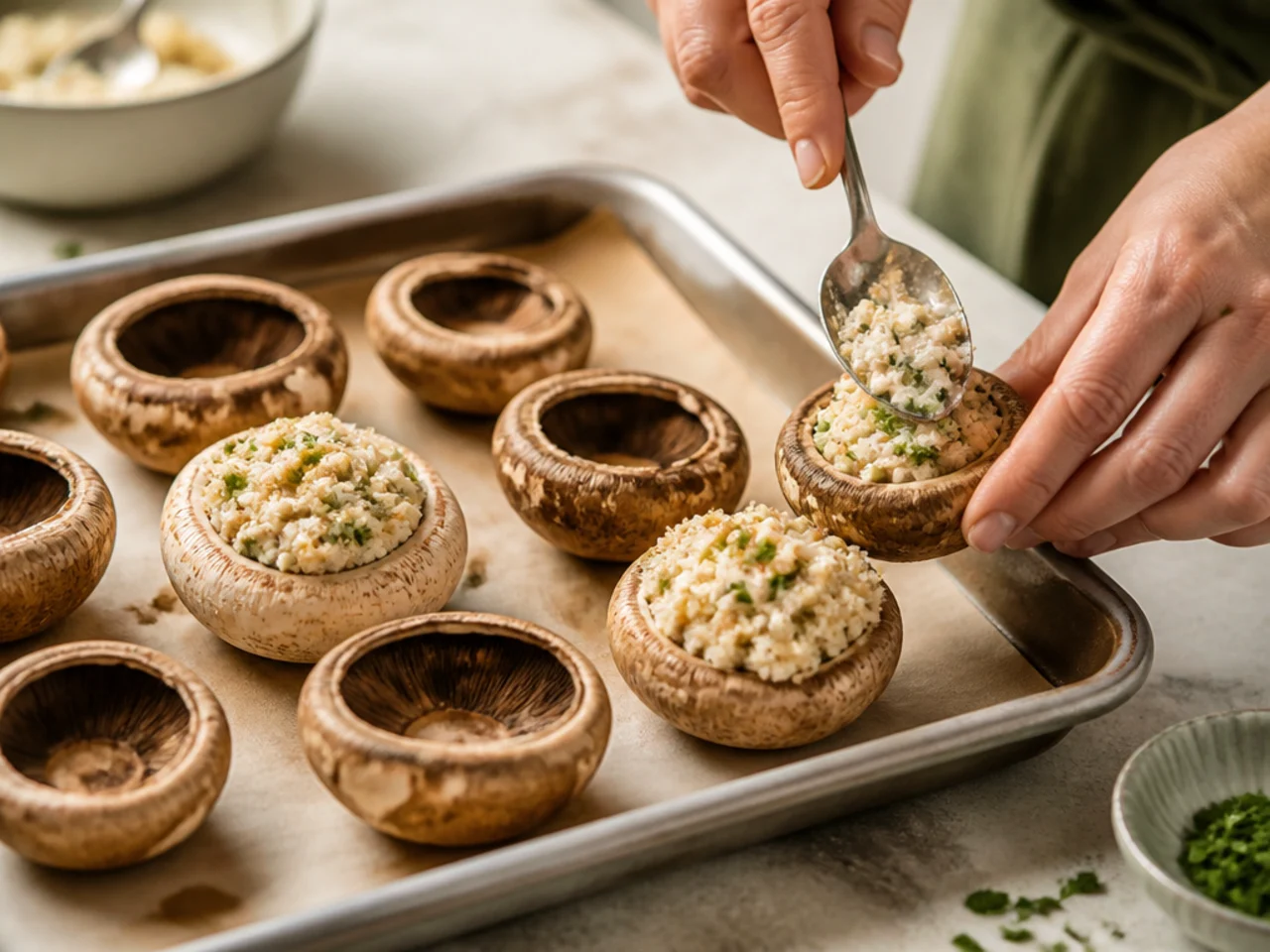 Step-by-step process shot for stuffed mushrooms
