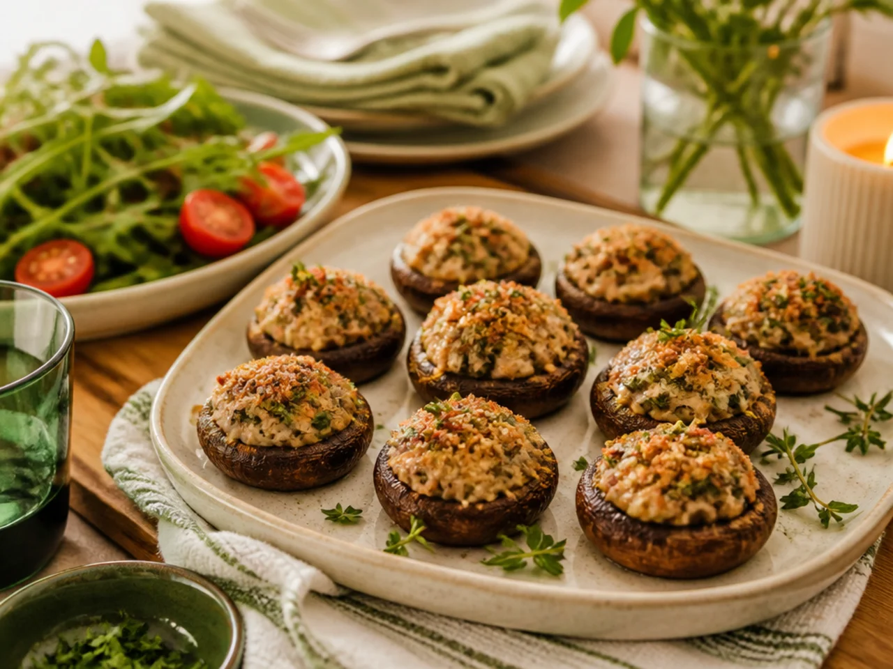 stuffed mushrooms served family-style on a cozy table