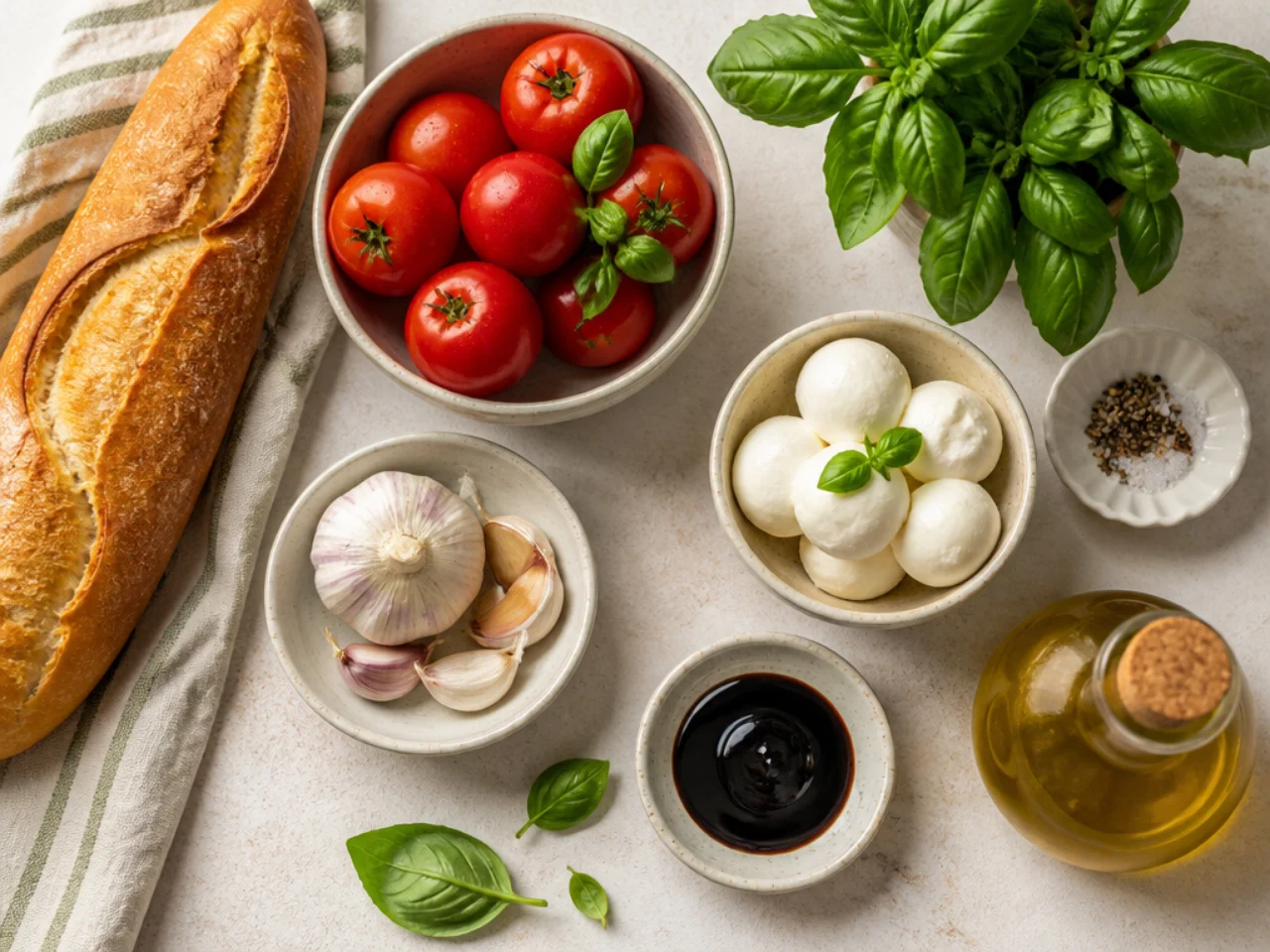 Fresh ingredients for bruschetta arranged in bowls