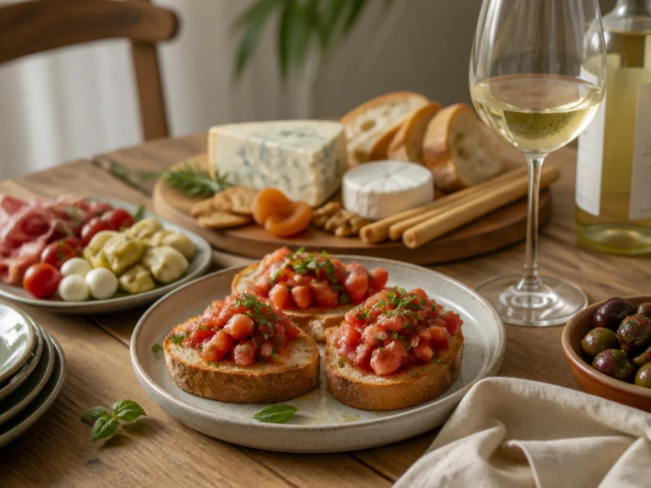 bruschetta served with a cheese board, marinated olives, antipasto and chilled white wine