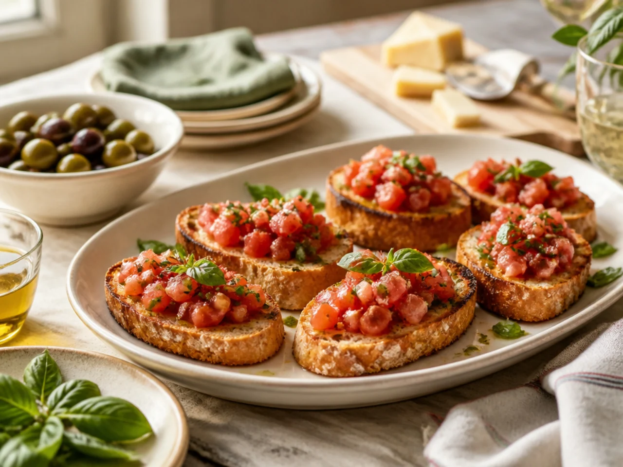 bruschetta served family-style on a cozy table