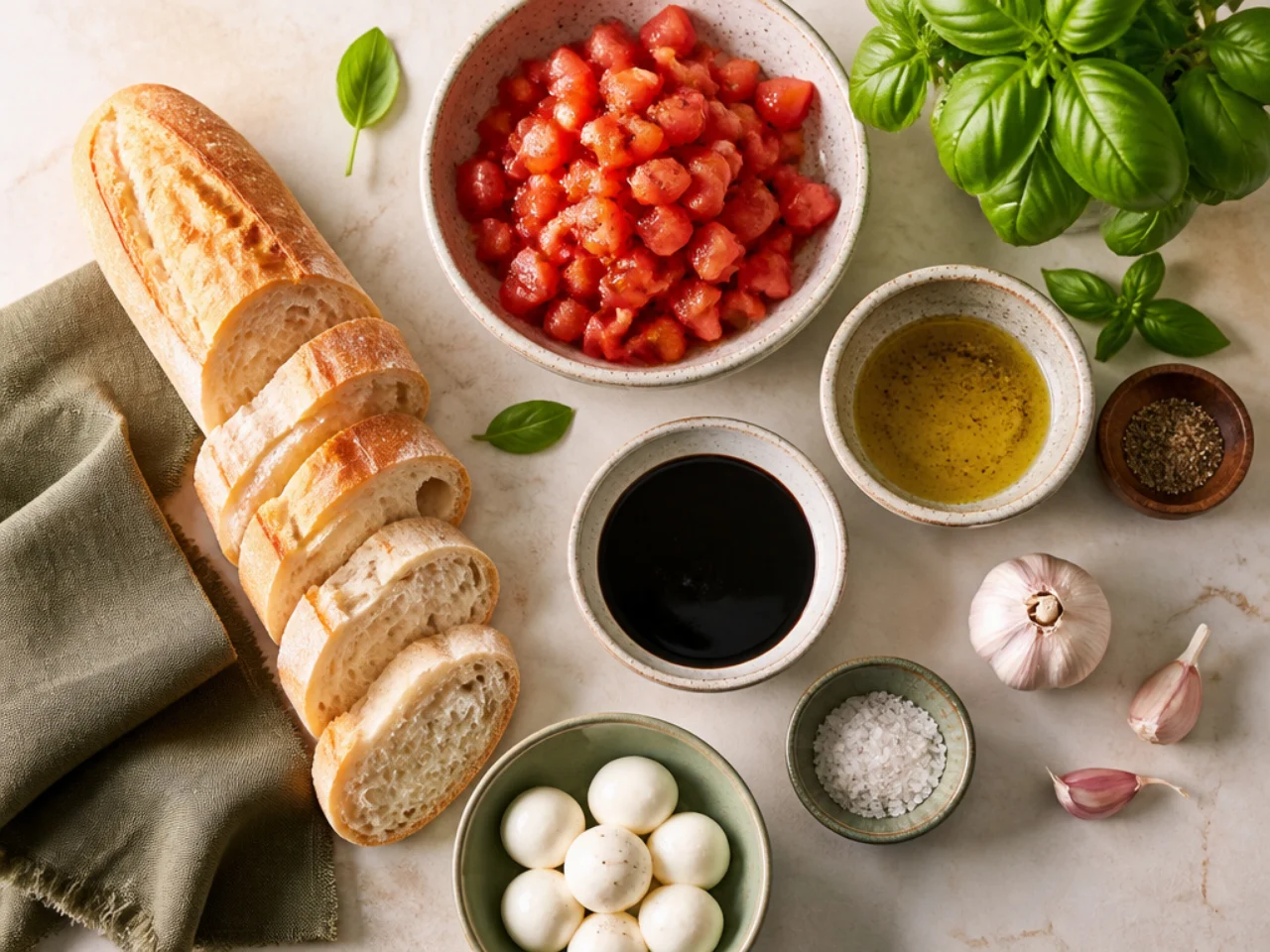 Fresh ingredients for bruschetta arranged in bowls