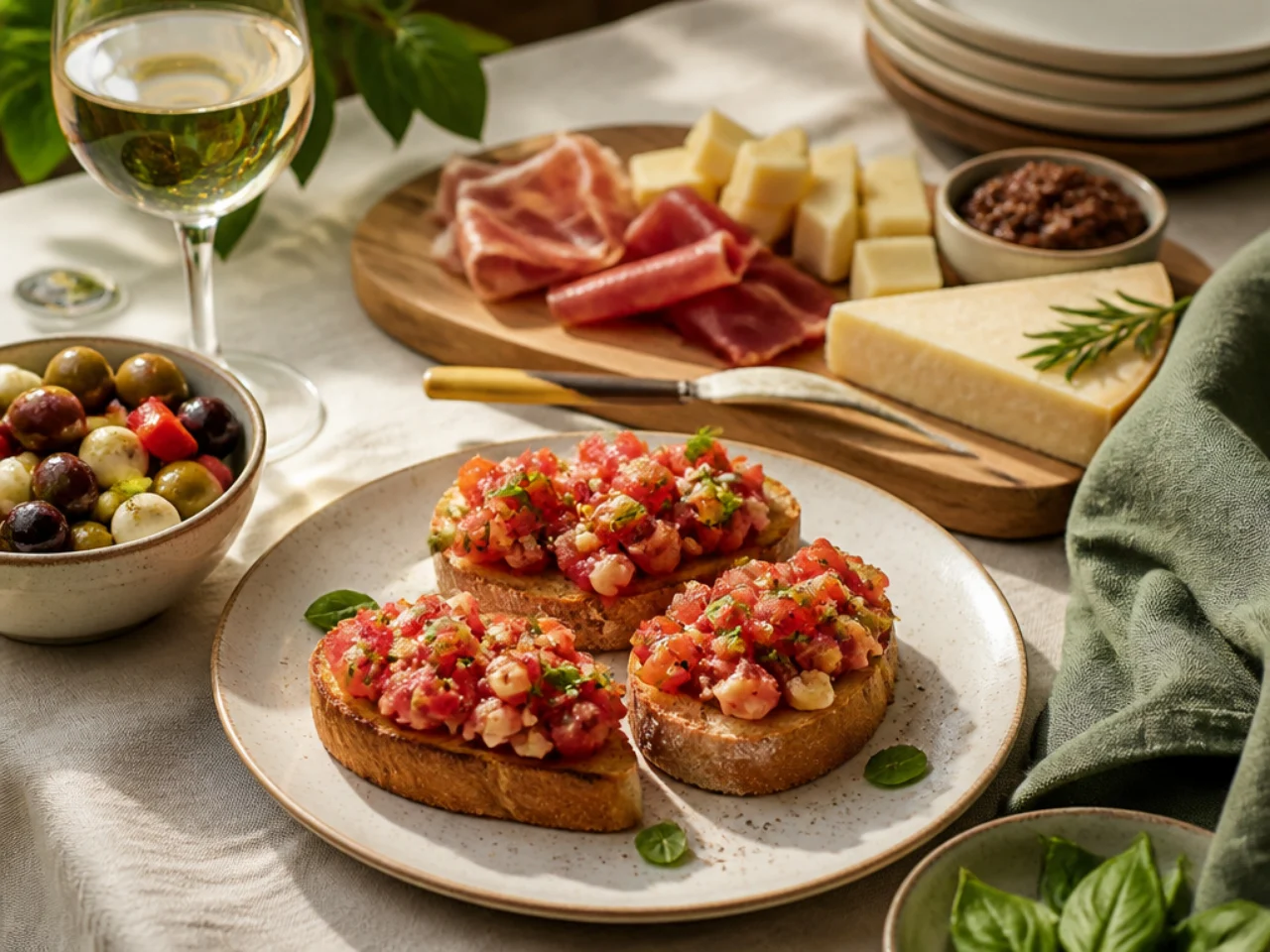 bruschetta served with a cheese board, marinated olives, antipasto and chilled white wine