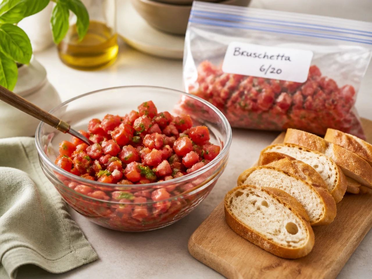 Make-ahead storage of bruschetta in containers