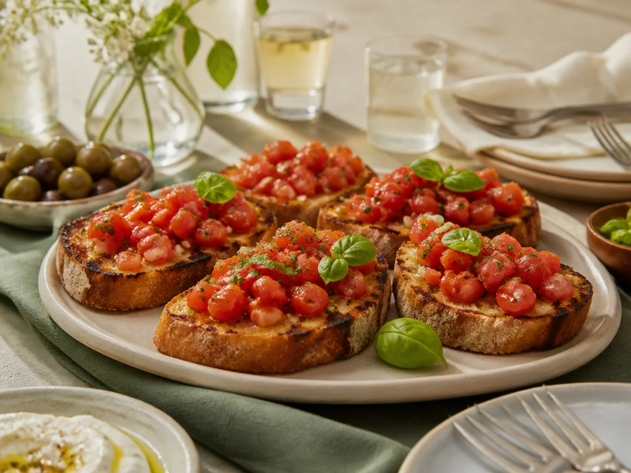 bruschetta served family-style on a cozy table