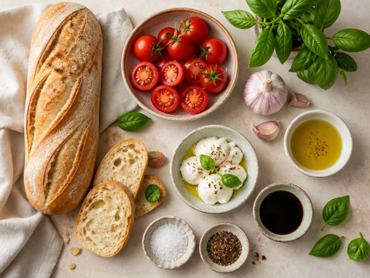 Fresh ingredients for bruschetta arranged in bowls