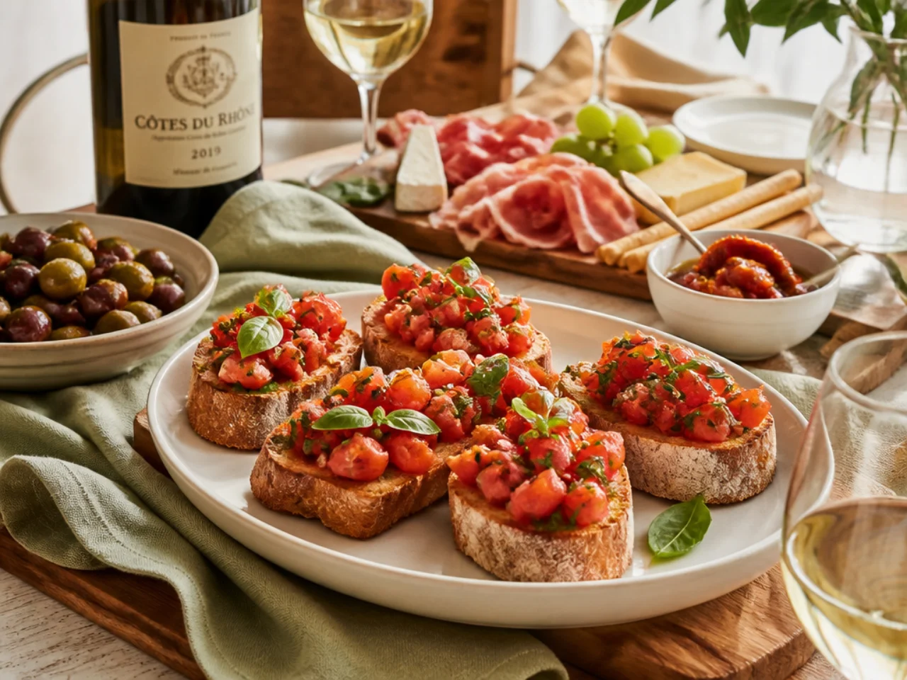 bruschetta served with a cheese board, marinated olives, antipasto and chilled white wine
