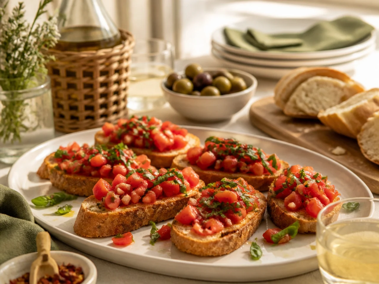 bruschetta served family-style on a cozy table