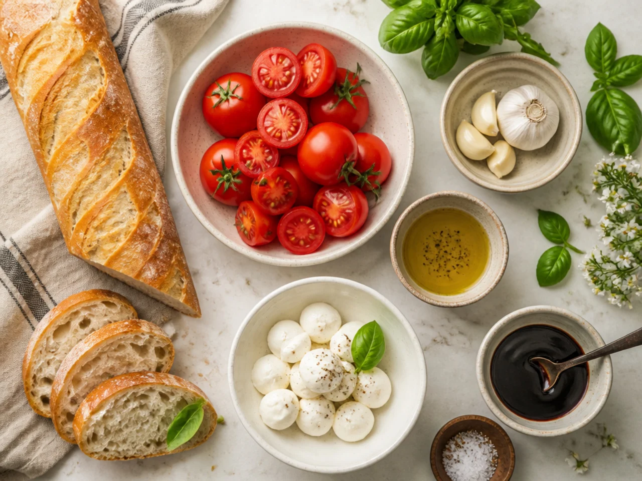 Fresh ingredients for bruschetta arranged in bowls