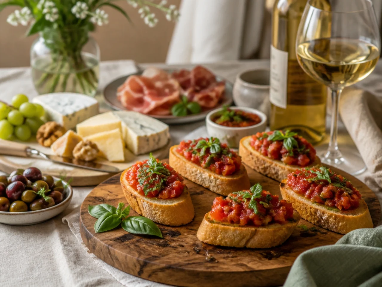 bruschetta served with a cheese board, marinated olives, antipasto and chilled white wine