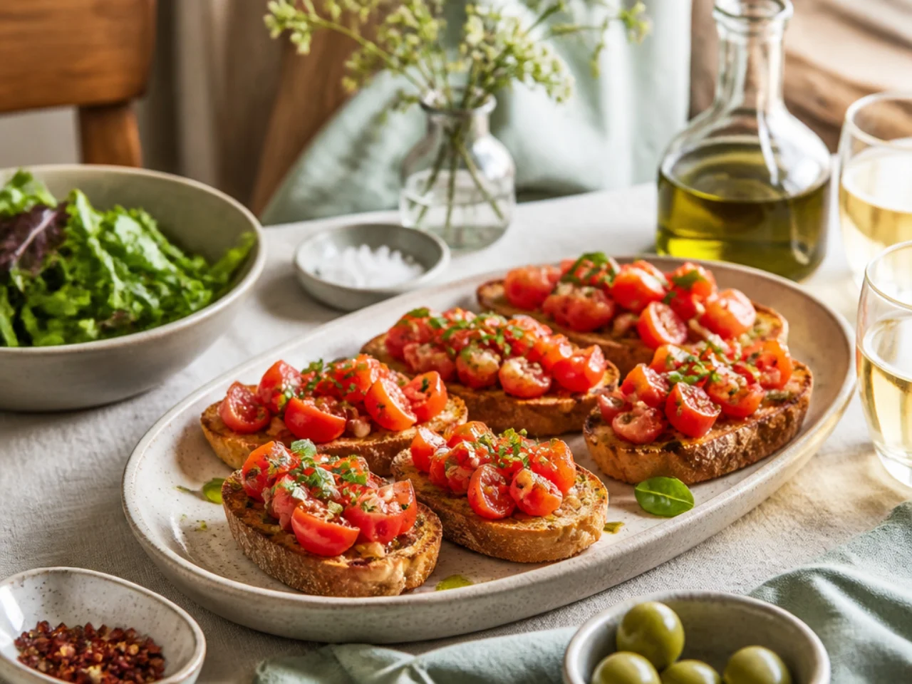 bruschetta served family-style on a cozy table