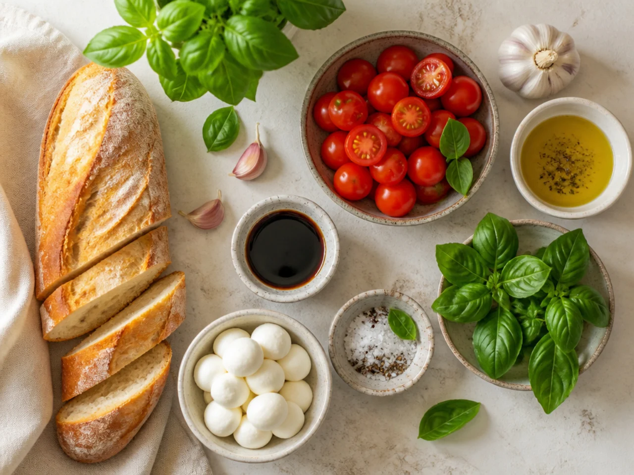 Fresh ingredients for bruschetta arranged in bowls