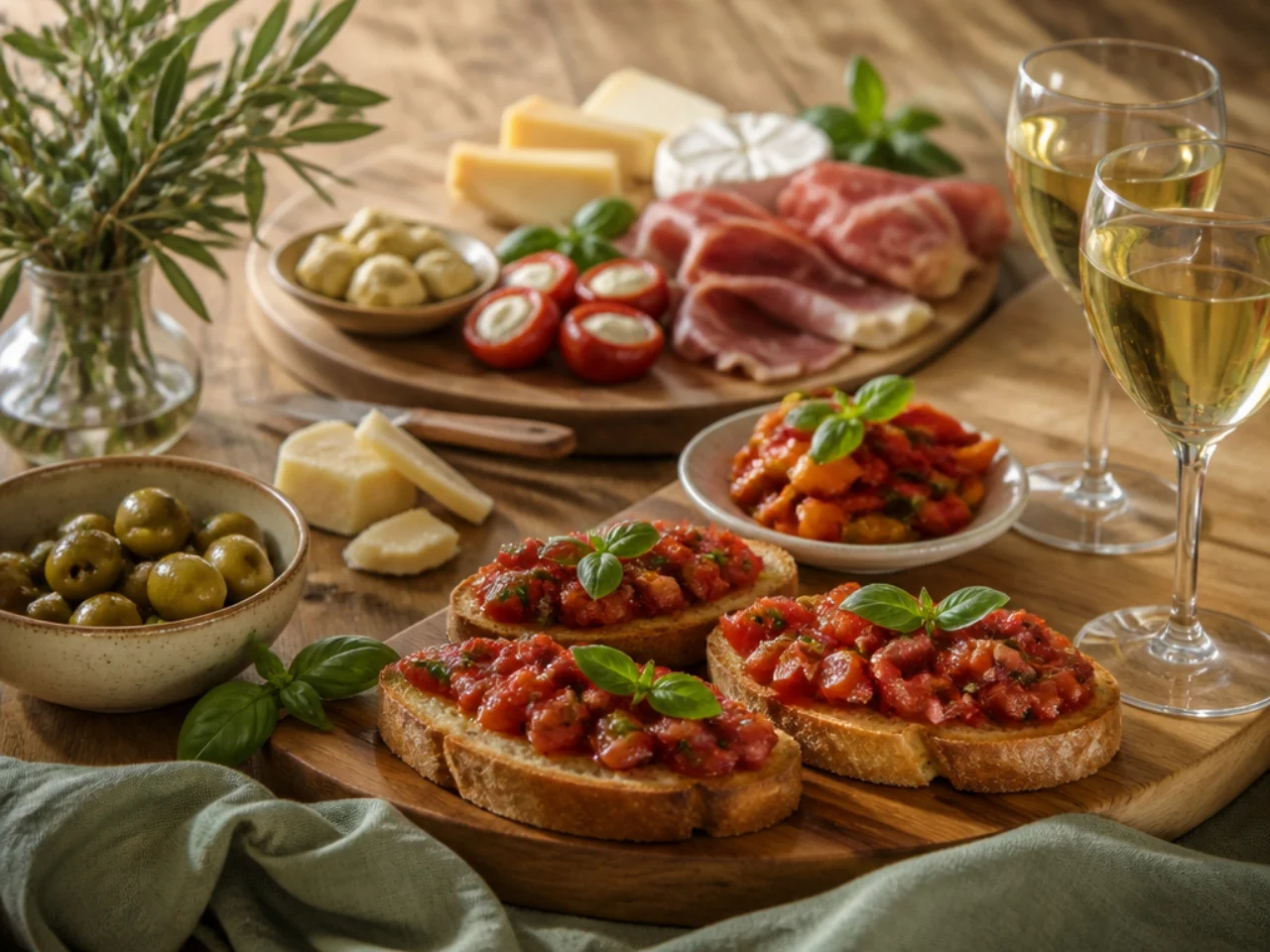 bruschetta served with a cheese board, marinated olives, antipasto and chilled white wine