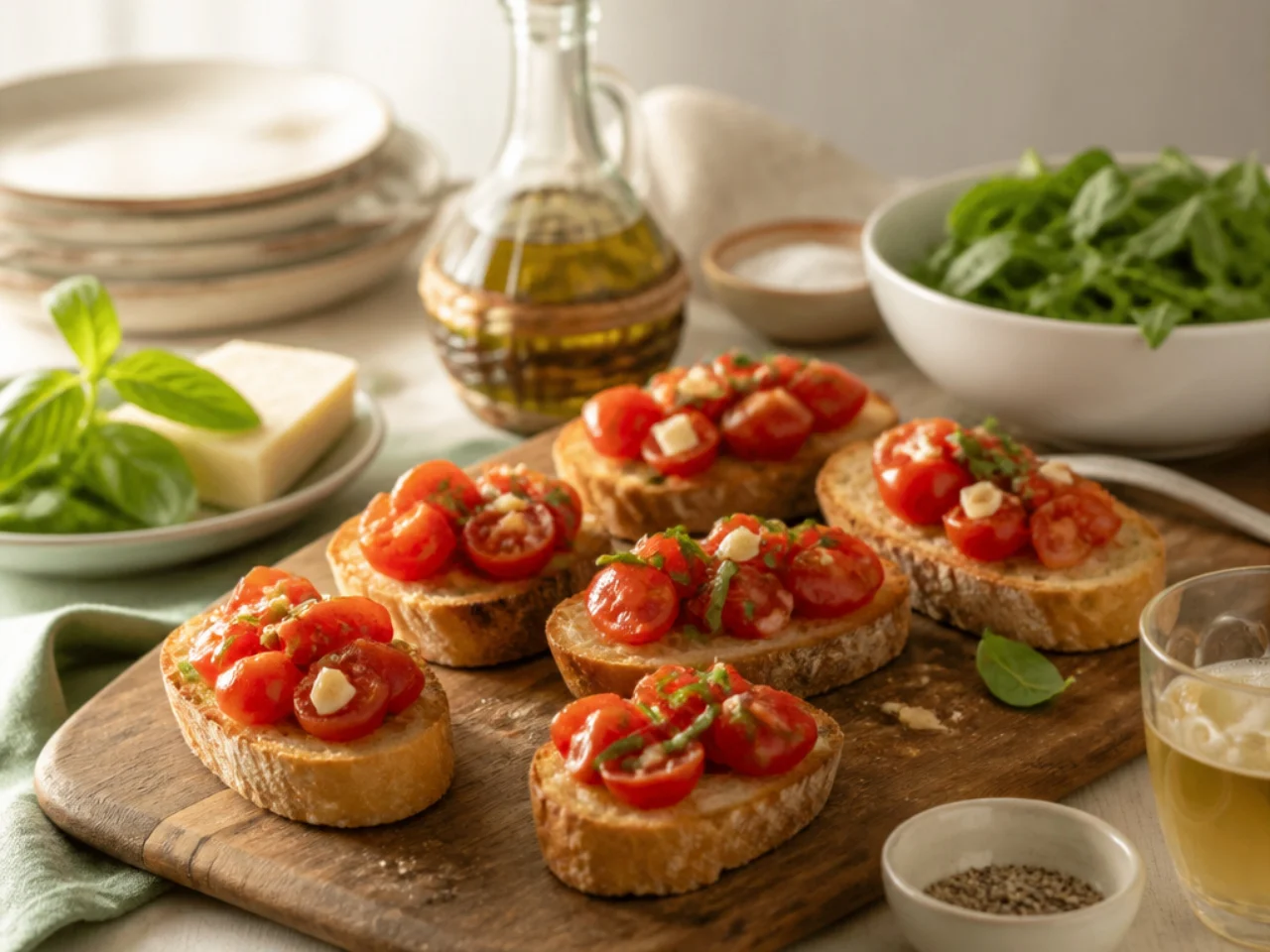 bruschetta served family-style on a cozy table