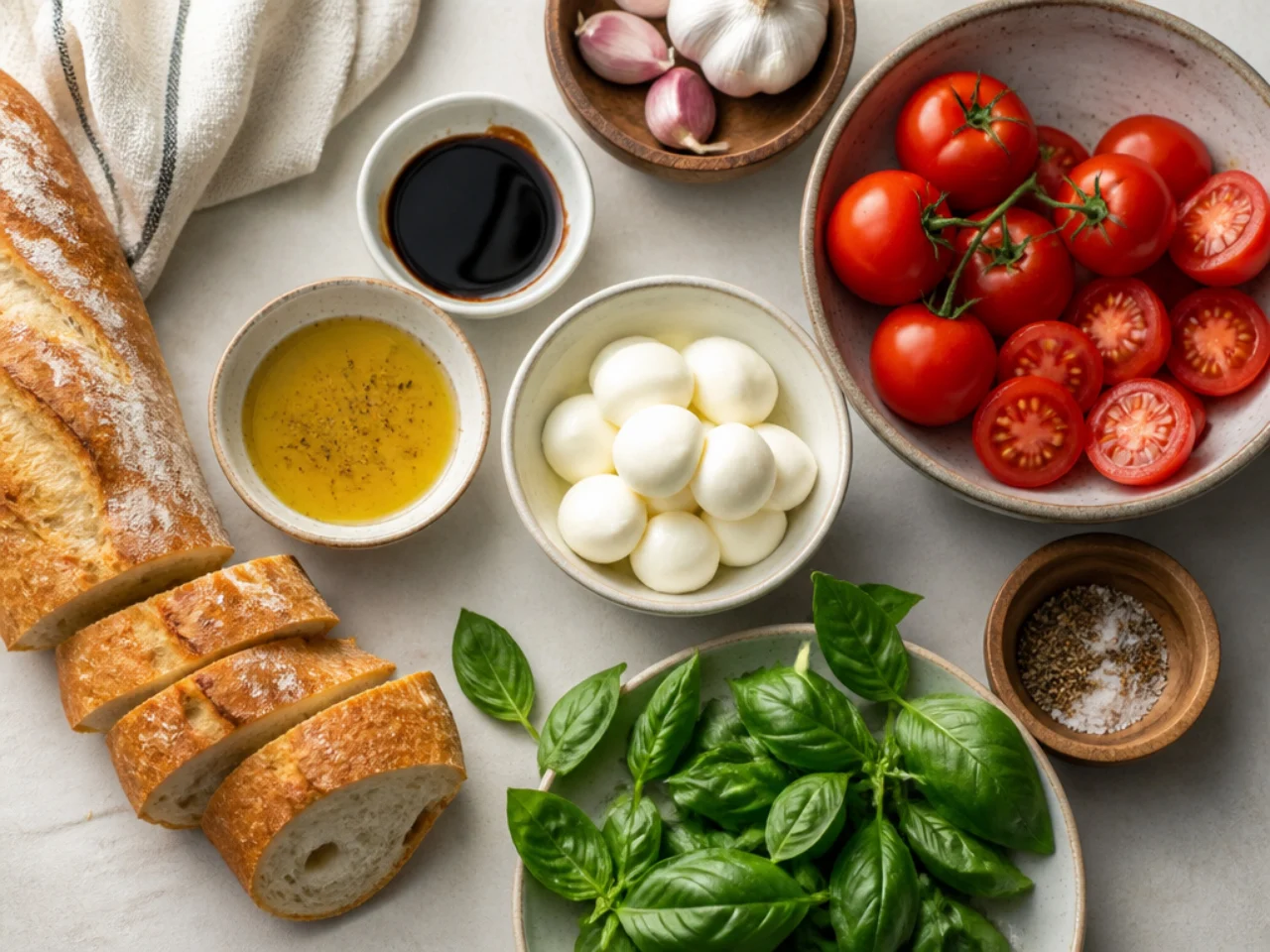 Fresh ingredients for bruschetta arranged in bowls