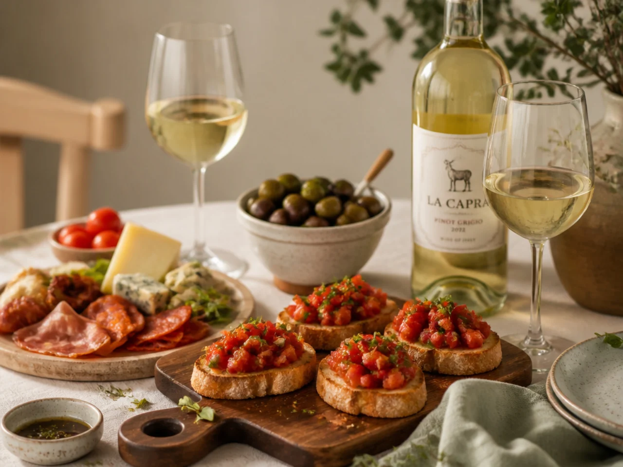 bruschetta served with a cheese board, marinated olives, antipasto and chilled white wine
